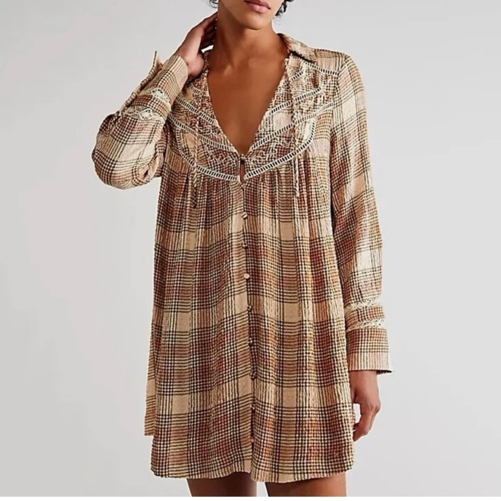 Free People Haddie Plaid Mini Dress in Peach Combo, Size S
